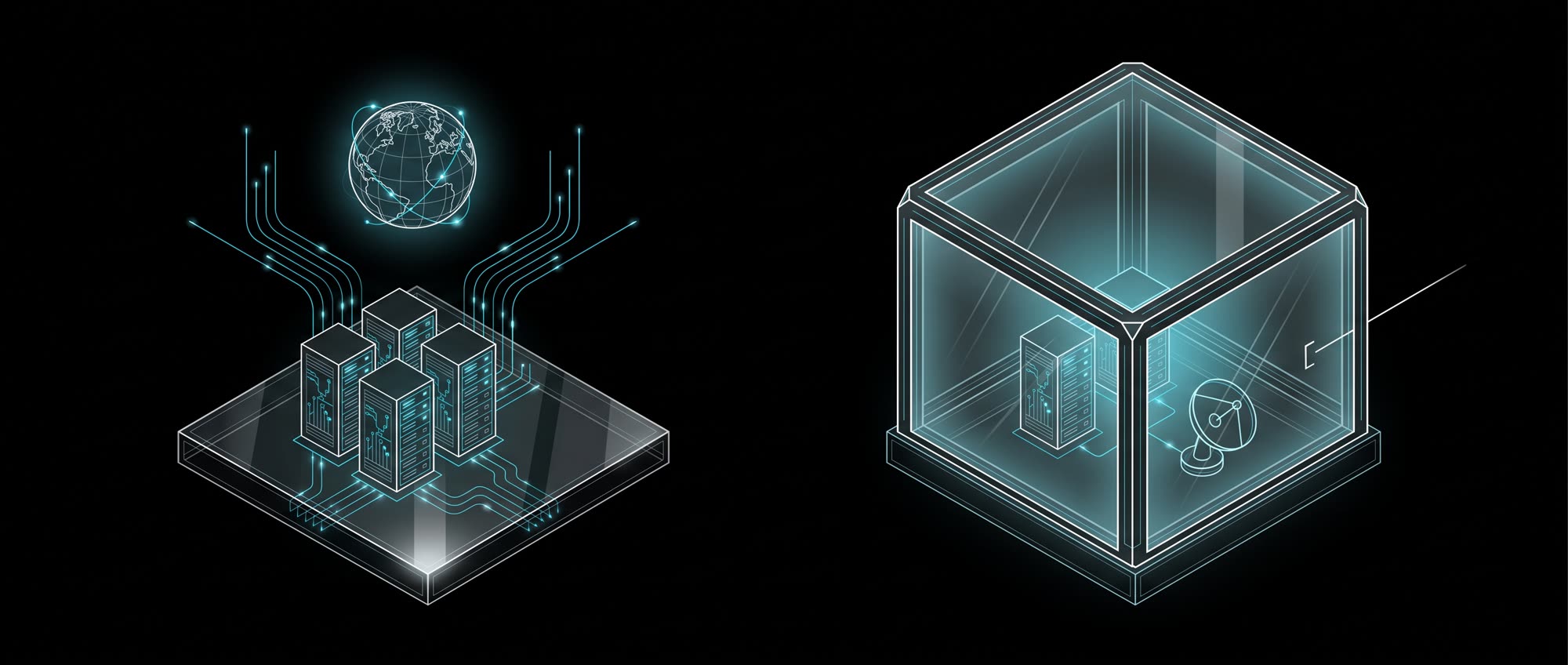 Two deployments side by side: an open platform of servers linked out to a globe, and the same servers sealed inside a glass enclosure that an outside line cannot enter