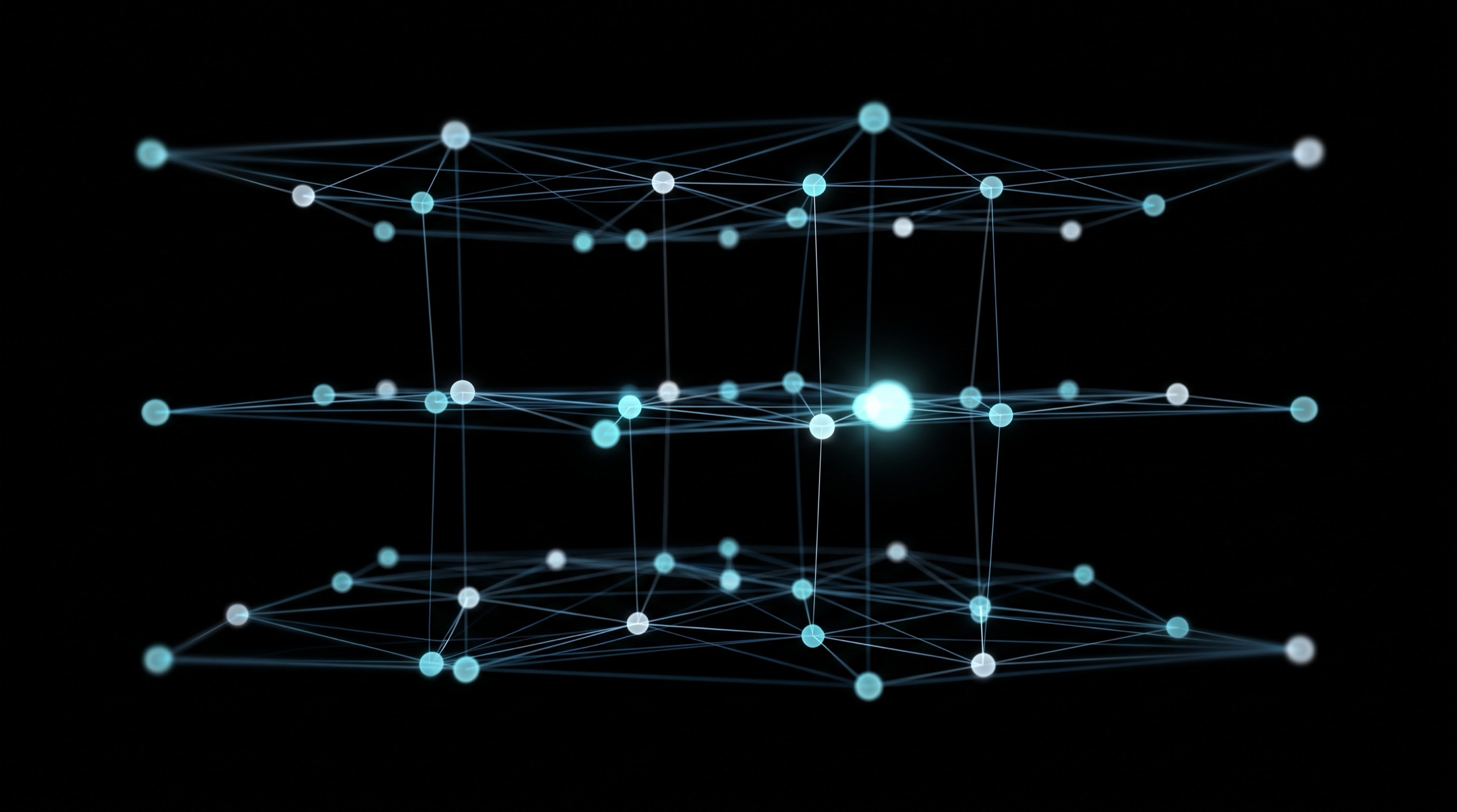 Three stacked layers of a knowledge graph: glowing nodes joined by thin lines, one node highlighted